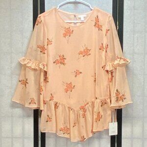 Lauren Conrad Bell Sleeve Scoop Neck Sheer Lined Ruffled V Peplum Blouse Peach L